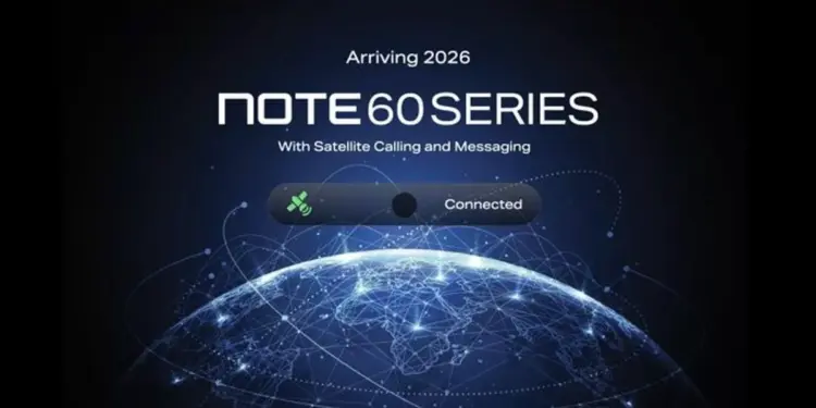 Poster pengumuman Infinix Note 60 Series dengan fitur Satellite Calling dan Messaging yang akan tiba di tahun 2026.