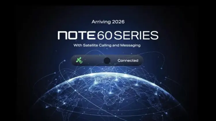Poster pengumuman Infinix Note 60 Series dengan fitur Satellite Calling dan Messaging yang akan tiba di tahun 2026.