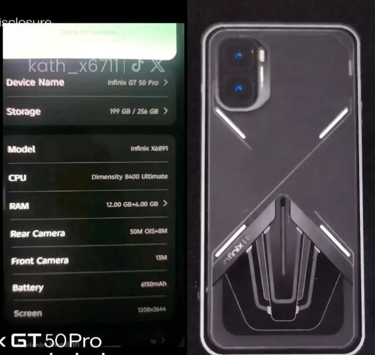 Foto bocoran spesifikasi internal Infinix GT 50 Pro yang menggunakan chipset Dimensity 8400 Ultimate.