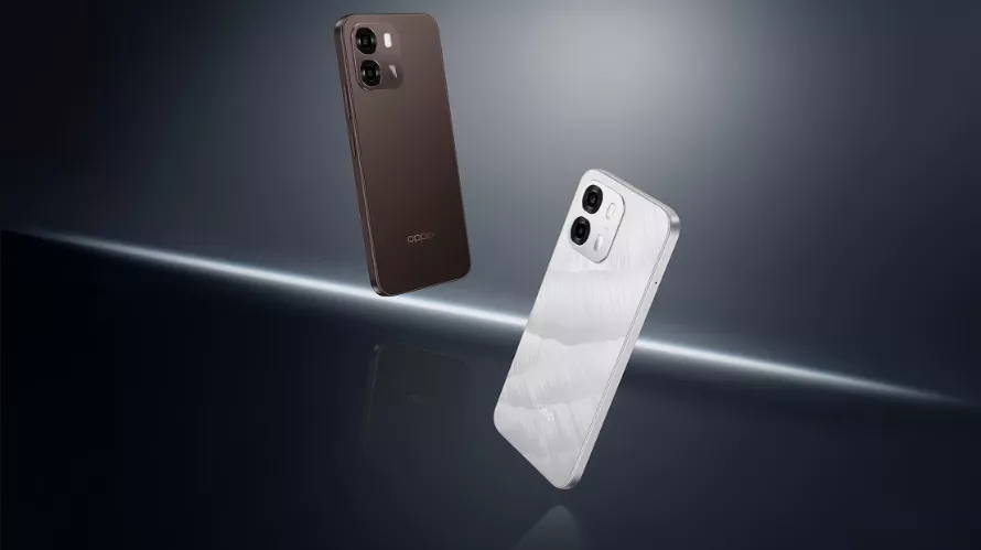 Tampilan bodi belakang OPPO A6s 5G varian warna putih dengan tekstur garis organik dan varian warna cokelat gelap yang elegan.