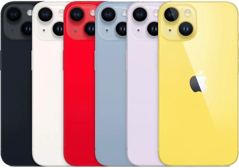 Jajaran pilihan warna iPhone 14 mulai dari Midnight, Starlight, Product Red, Blue, Purple, hingga Yellow tampak dari sisi belakang.
