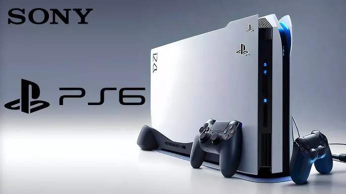 Render 3D konsol Sony PlayStation 6 dalam posisi berdiri tegak dengan logo PS6 yang mencolok.