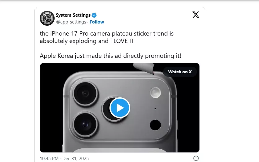 Tangkapan layar unggahan media sosial X tentang iklan Apple Korea yang mempromosikan tren stiker iPhone 17 Pro.