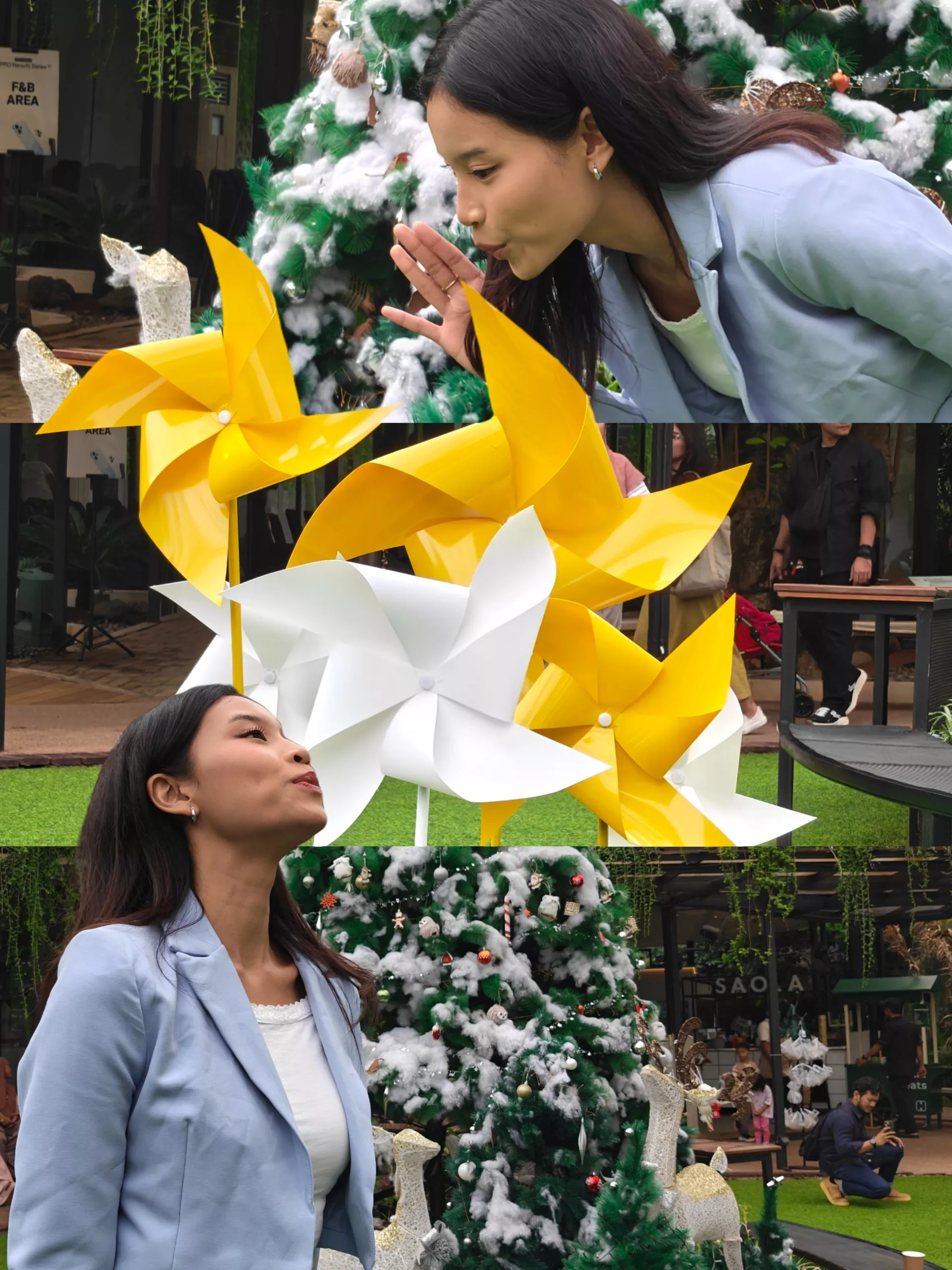 Kolase foto selfie kreatif menggunakan OPPO Reno15 Series di taman dengan dekorasi kincir angin.
