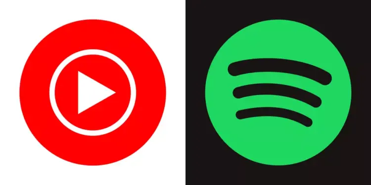 Ikon aplikasi YouTube Music merah dan Spotify hijau dalam bentuk lingkaran yang kontras.