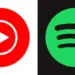 Ikon aplikasi YouTube Music merah dan Spotify hijau dalam bentuk lingkaran yang kontras.