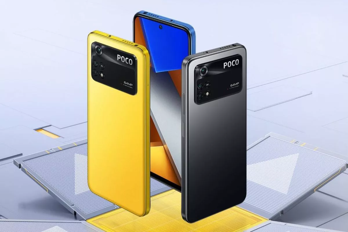 Tiga unit HP Poco dengan warna khas kuning, hitam, dan biru menunjukkan desain modul kamera besar.