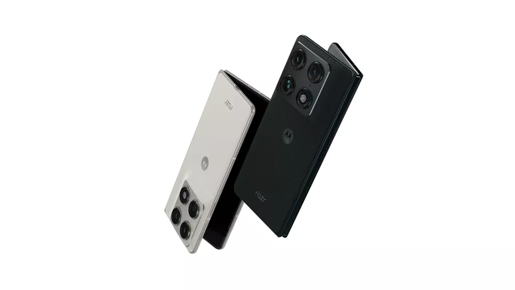 Dua varian warna smartphone menarik Motorola Razr, hitam dan putih, menunjukkan bodi ramping dan susunan kamera quad yang ikonik.