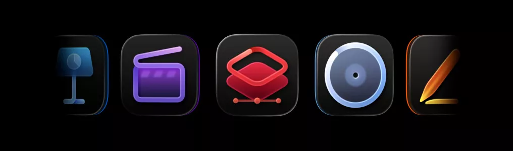 Close-up lima ikon aplikasi utama Apple Creator Studio termasuk alat desain, video, dan pemrosesan gambar.