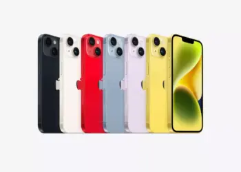 Katalog seri iPhone 14 lengkap dengan berbagai warna dan tampilan layar depan yang menampilkan wallpaper estetik.