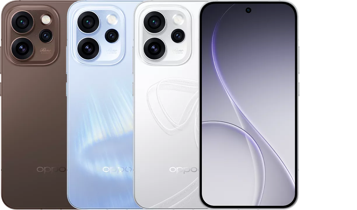Pilihan warna Oppo Reno 15 FS terdiri dari Cokelat, Biru Muda, dan Putih beserta tampilan layar utamanya.