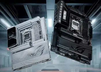 Dua varian motherboard ASUS ROG Crosshair AMD 800 Series berwarna hitam dan putih dengan fitur WiFi 7.