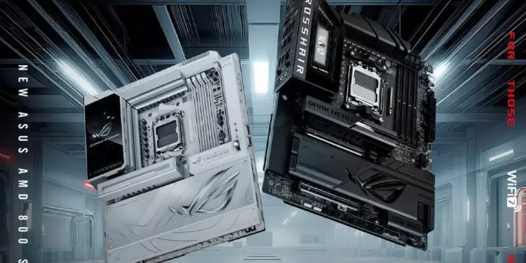 Dua varian motherboard ASUS ROG Crosshair AMD 800 Series berwarna hitam dan putih dengan fitur WiFi 7.