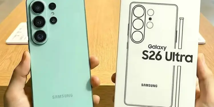 Penampakan bodi belakang Galaxy S26 Ultra warna hijau mint bersanding dengan kotak penjualan resminya.