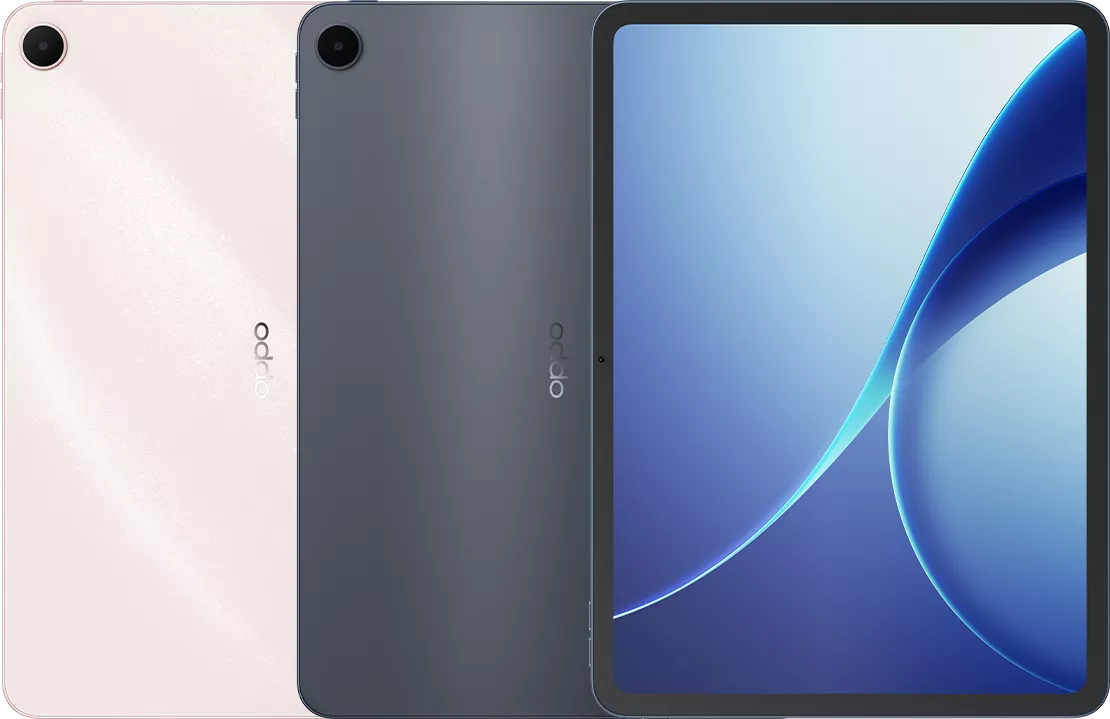 Tablet Oppo Pad 5 menampilkan layar penuh yang jernih beserta dua pilihan varian warna panel belakang, yakni Light Pink dan Dark Grey.