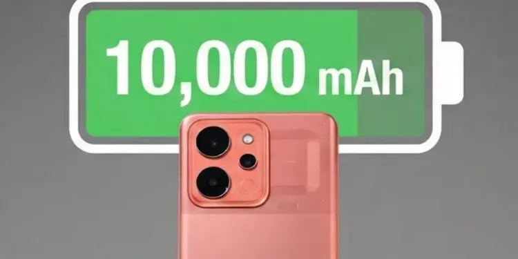 Ilustrasi kapasitas baterai Realme P4 Power sebesar 10.000mAh dengan latar belakang smartphone berwarna pink kemerahan.