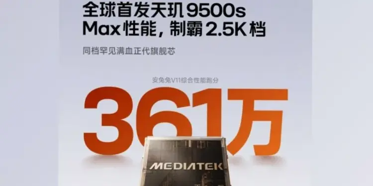 Infografis skor AnTuTu Redmi Turbo 5 Max mencapai 3,61 juta dengan chipset MediaTek Dimensity 9500s.