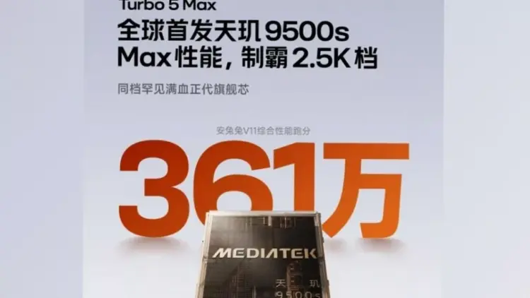 Infografis skor AnTuTu Redmi Turbo 5 Max mencapai 3,61 juta dengan chipset MediaTek Dimensity 9500s.