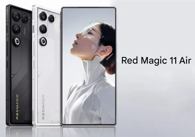 Desain depan dan belakang smartphone gaming RedMagic 11 Air dalam varian warna hitam dan putih.
