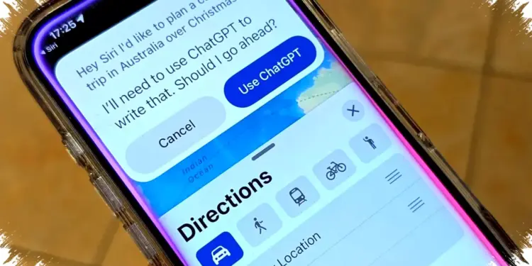 Tampilan antarmuka Siri yang terintegrasi dengan chatbot ChatGPT pada perangkat Apple.