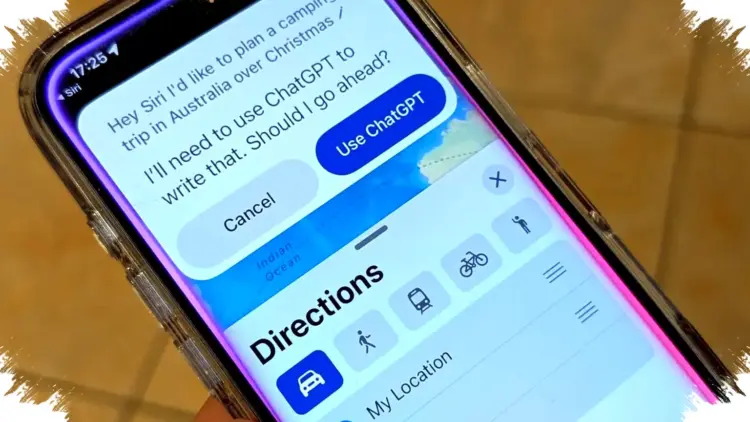 Tampilan antarmuka Siri yang terintegrasi dengan chatbot ChatGPT pada perangkat Apple.