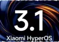 Logo resmi Xiaomi HyperOS 3.1 dengan latar belakang abstrak pusaran warna biru dan oranye yang elegan.