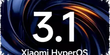 Logo resmi Xiaomi HyperOS 3.1 dengan latar belakang abstrak pusaran warna biru dan oranye yang elegan.