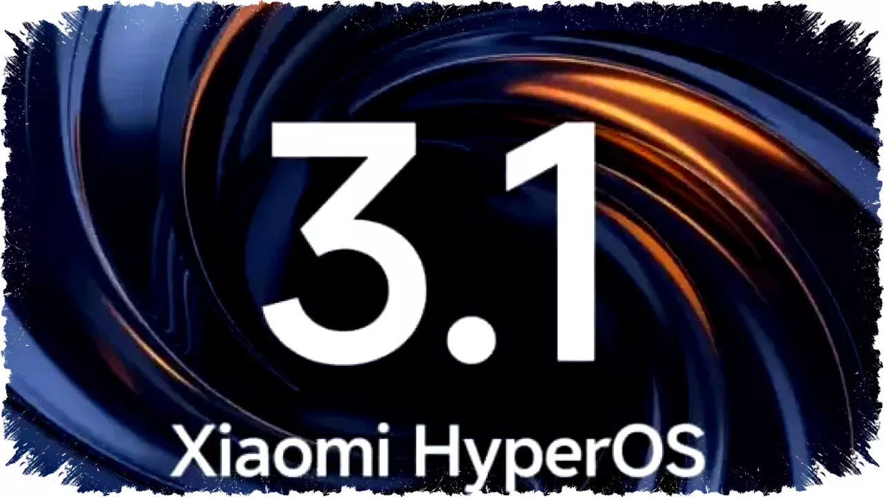 Logo resmi Xiaomi HyperOS 3.1 dengan latar belakang abstrak pusaran warna biru dan oranye yang elegan.
