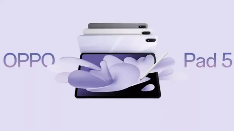 Poster resmi Oppo Pad 5 yang menunjukkan tumpukan varian tablet dengan aksesori smart stylus untuk menunjang multitasking dan kreativitas.