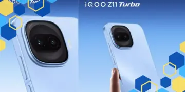 Poster promosi iQOO Z11 Turbo varian warna biru yang menonjolkan fitur kamera utama 200 MP dengan kemampuan lossless zoom 4x.