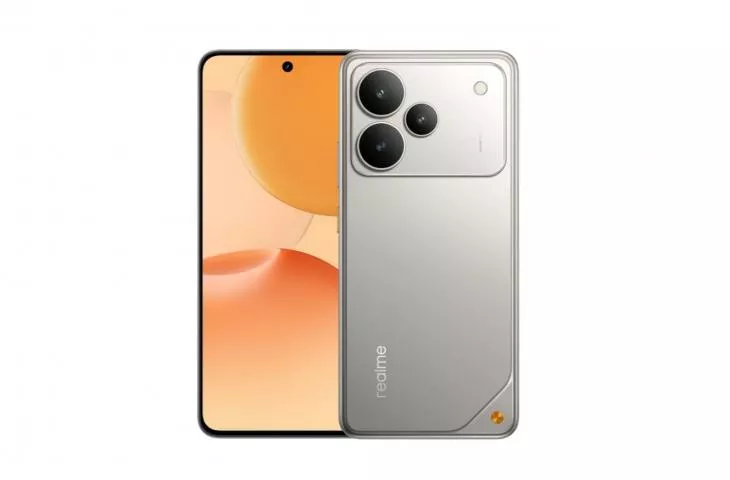Tampak depan dan belakang Realme P4 Power varian warna perak dengan desain modul kamera melingkar yang modern.