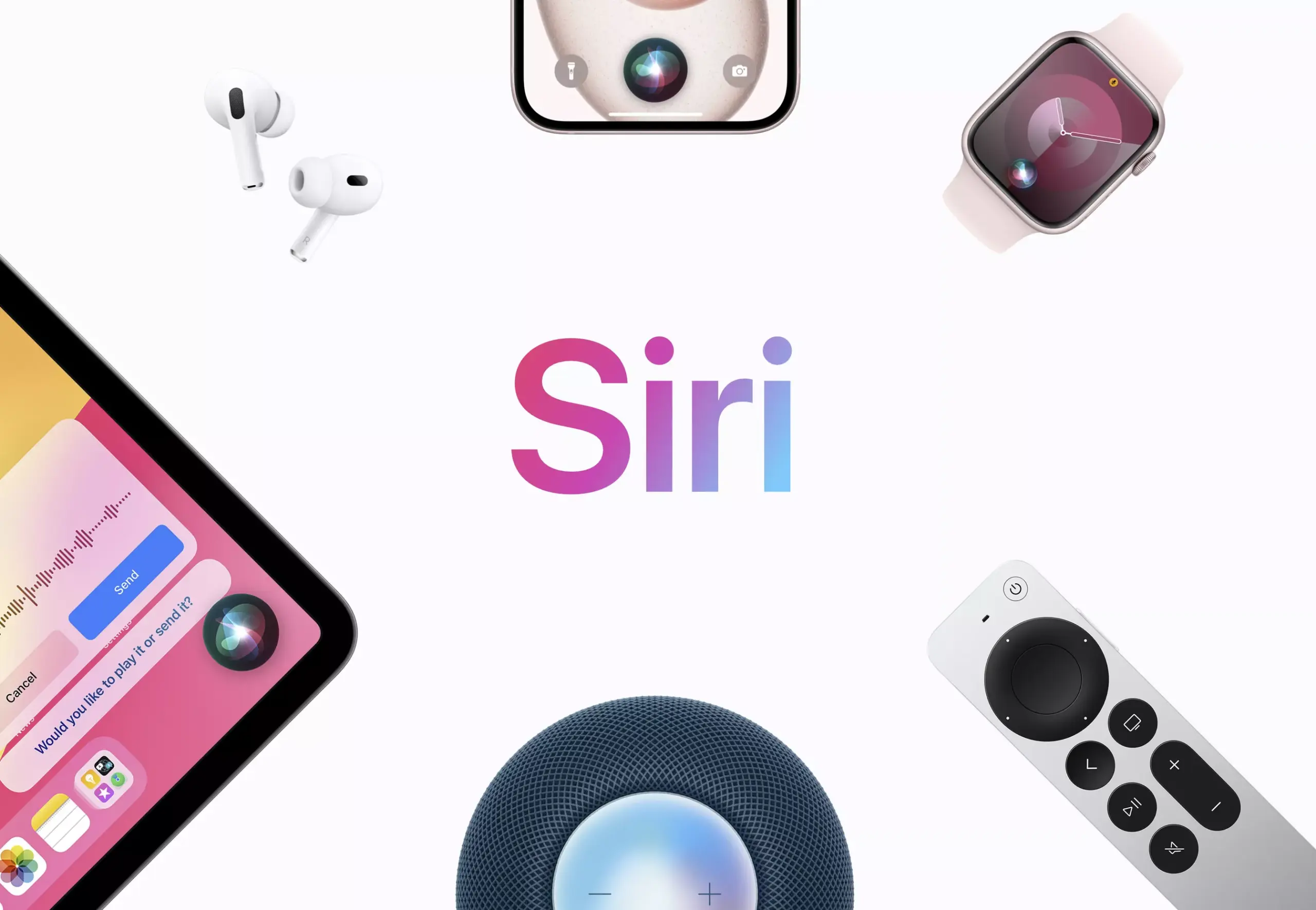 Berbagai perangkat Apple mulai dari iPhone, Apple Watch, hingga HomePod yang mendukung asisten virtual Siri.