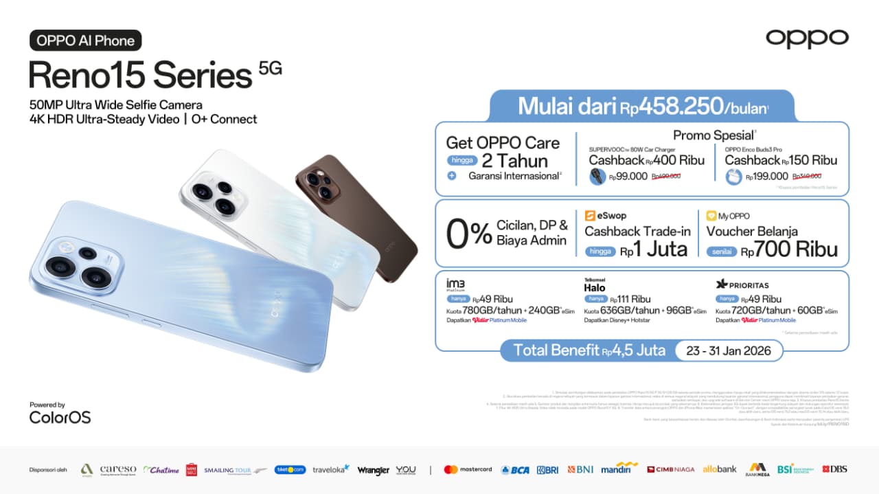 Daftar harga, promo cicilan, dan total benefit pembelian OPPO Reno15 Series 5G selama periode Januari 2026.