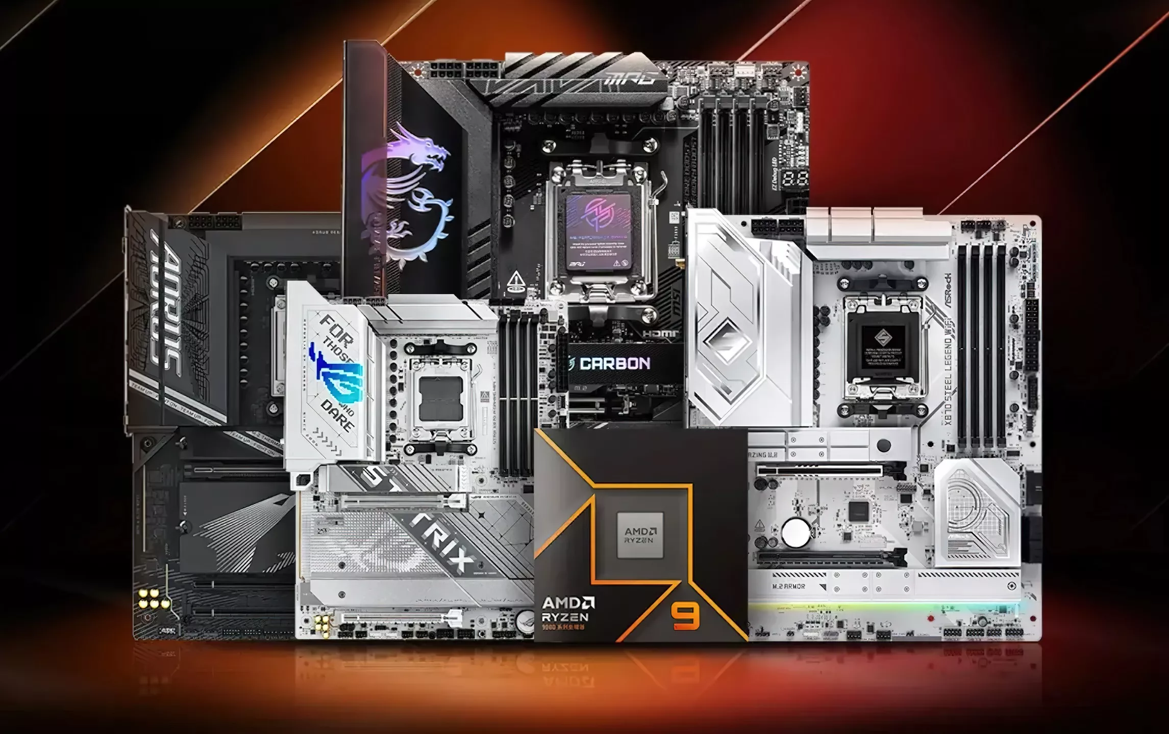 Kompilasi motherboard ASUS AMD 800 Series dari lini ProArt, ROG, dan TUF Gaming bersama prosesor AMD Ryzen 9.
