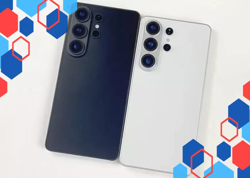 Perbandingan bodi belakang Galaxy S26 Ultra warna navy gelap dan putih dengan latar belakang grafis heksagonal.