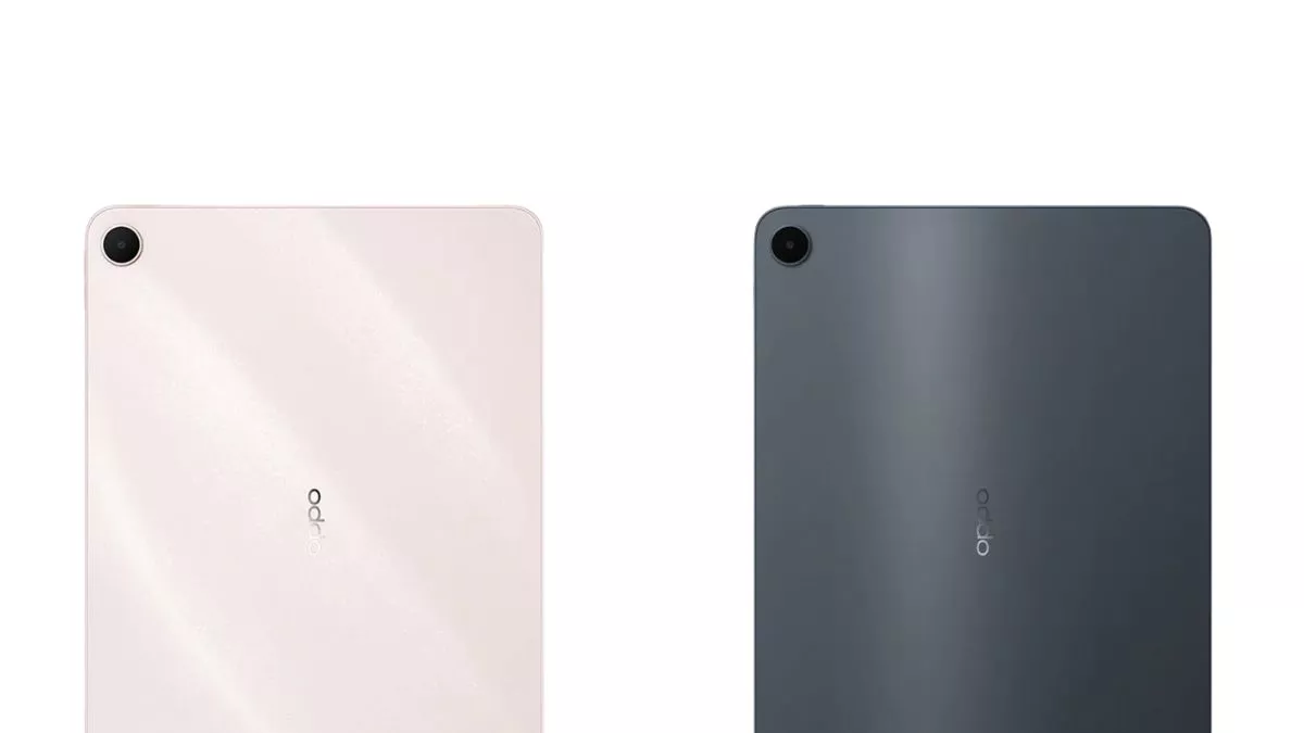 Detail bagian atas panel belakang Oppo Pad 5 varian warna Light Pink dan Dark Grey yang memperlihatkan logo OPPO dan kamera utama.