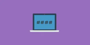 Ilustrasi minimalis sebuah laptop dengan simbol pagar (hashtag) di layar yang merepresentasikan kode Serial Number Laptop.