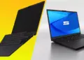 Dua unit laptop Schenker Element 16 menampilkan sisi samping dan layar utama dengan latar belakang kuning-putih.