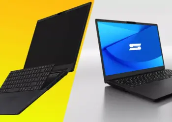 Dua unit laptop Schenker Element 16 menampilkan sisi samping dan layar utama dengan latar belakang kuning-putih.