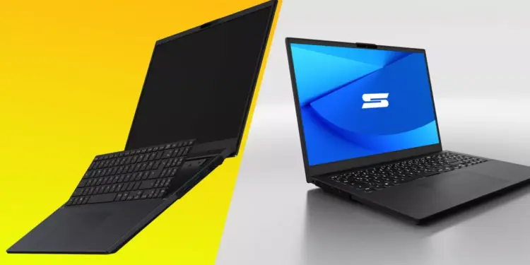 Dua unit laptop Schenker Element 16 menampilkan sisi samping dan layar utama dengan latar belakang kuning-putih.