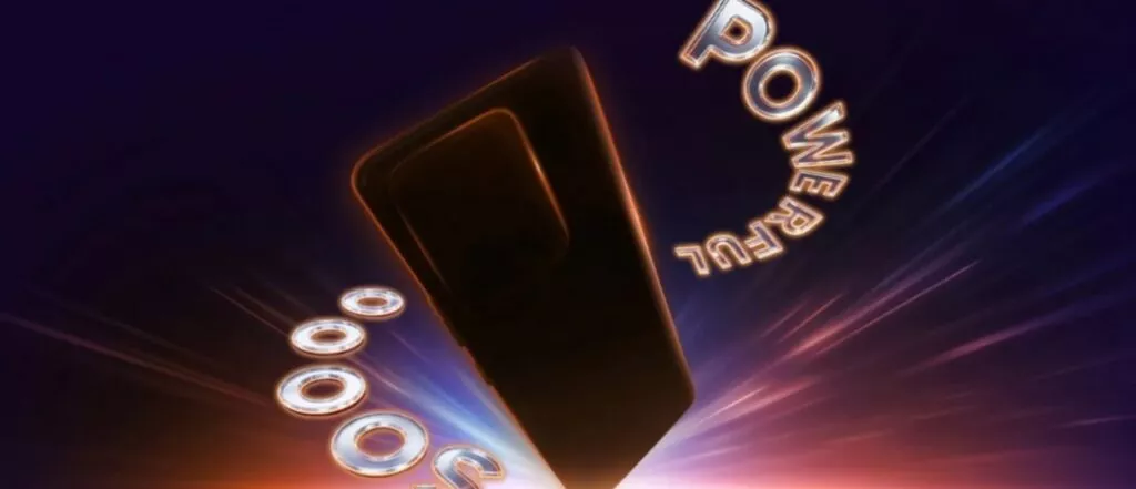 Teaser Realme P4 Power dengan tulisan "POWERFUL" yang bercahaya, menunjukkan siluet perangkat dalam kegelapan.