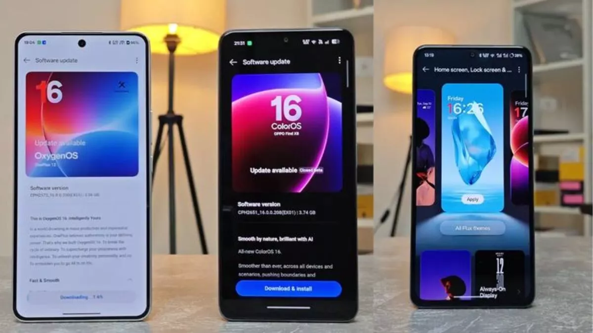 Tiga buah ponsel sedang menampilkan menu pembaruan perangkat lunak untuk memastikan apakah masuk dalam daftar HP OPPO penerima update.