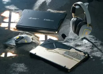 Tablet gaming ASUS ROG Flow Z13-KJP edisi terbatas Ludens hasil kolaborasi dengan Kojima Productions, menampilkan desain futuristik karya Yoji Shinkawa.