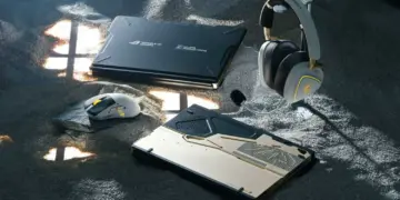 Tablet gaming ASUS ROG Flow Z13-KJP edisi terbatas Ludens hasil kolaborasi dengan Kojima Productions, menampilkan desain futuristik karya Yoji Shinkawa.