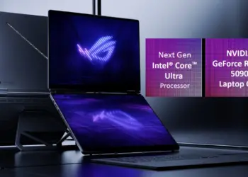 ASUS ROG Zephyrus 2026 Duo dengan dua layar OLED, prosesor Intel Core Ultra, dan GPU NVIDIA RTX 5090 di pameran CES 2026.