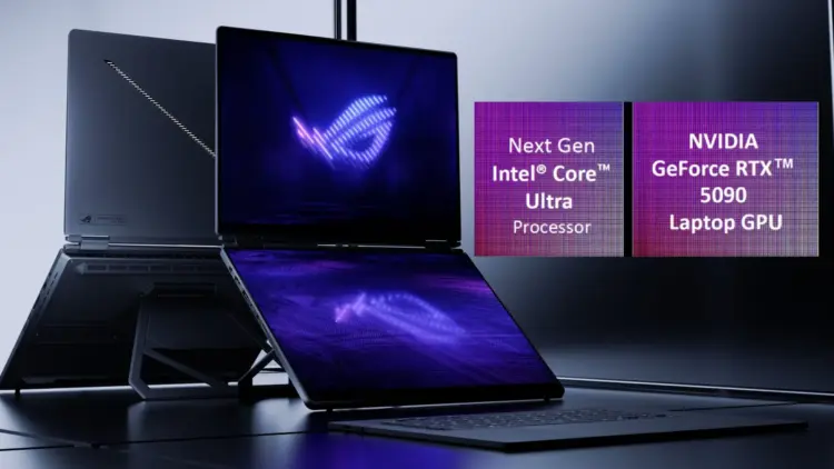 ASUS ROG Zephyrus 2026 Duo dengan dua layar OLED, prosesor Intel Core Ultra, dan GPU NVIDIA RTX 5090 di pameran CES 2026.