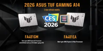 ASUS TUF Gaming A14 model FA401EA dan FA401GM di CES 2026 dengan prosesor AMD Ryzen AI MAX dan chiplet design.