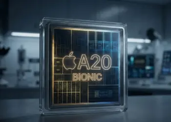 Ilustrasi konsep prosesor Chip A20 Apple dengan teknologi 2nm TSMC yang diprediksi mengalami kenaikan biaya produksi hingga 30 persen pada iPhone generasi mendatang.