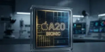 Ilustrasi konsep prosesor Chip A20 Apple dengan teknologi 2nm TSMC yang diprediksi mengalami kenaikan biaya produksi hingga 30 persen pada iPhone generasi mendatang.