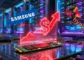 Ilustrasi grafik merah harga SSD naik drastis dengan logo Samsung dan SK Hynix di latar belakang server data center AI.